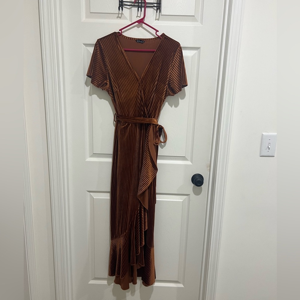 Burnt orange Velvet V neck Maxi Wrap Dress. Size Medium. Worn once.